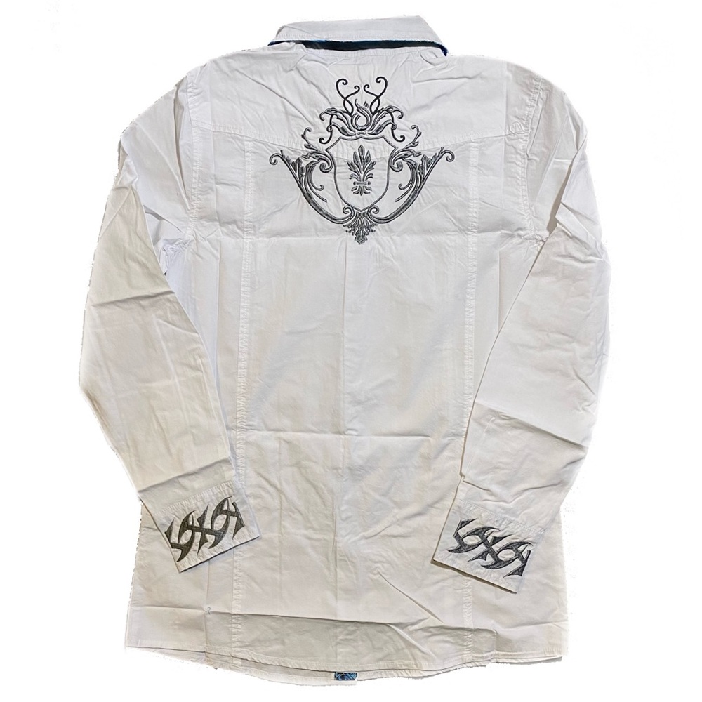 Platini Men’s Embroidered Button Down Shirt w/ Paisley Pattern Trim Sz M  White - Picture 2 of 10